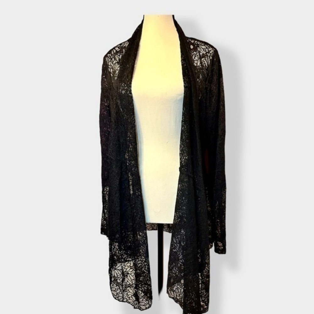 Women’s Black Floral Lace Semi Sheer Long Cardigan OS S-XL